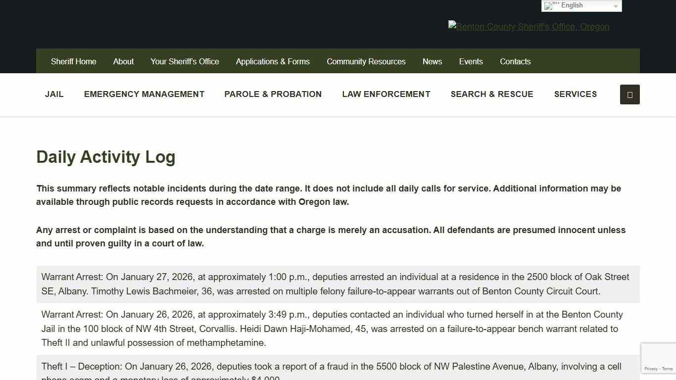 Daily Activity Log - Benton County Sheriff's Office, Oregon